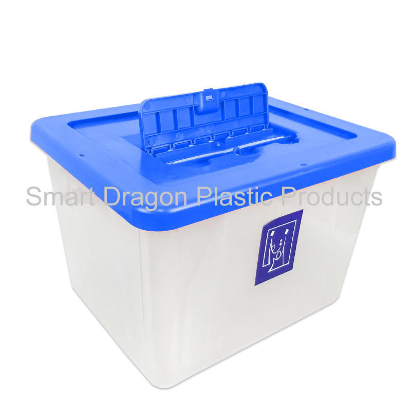 Cover is blue plastic transparent ballot box suitable for elections